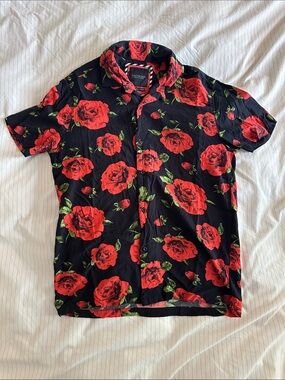 Ricky Flower Cactus Man - Black Short-Sleeve Shirt with Red Rose Print